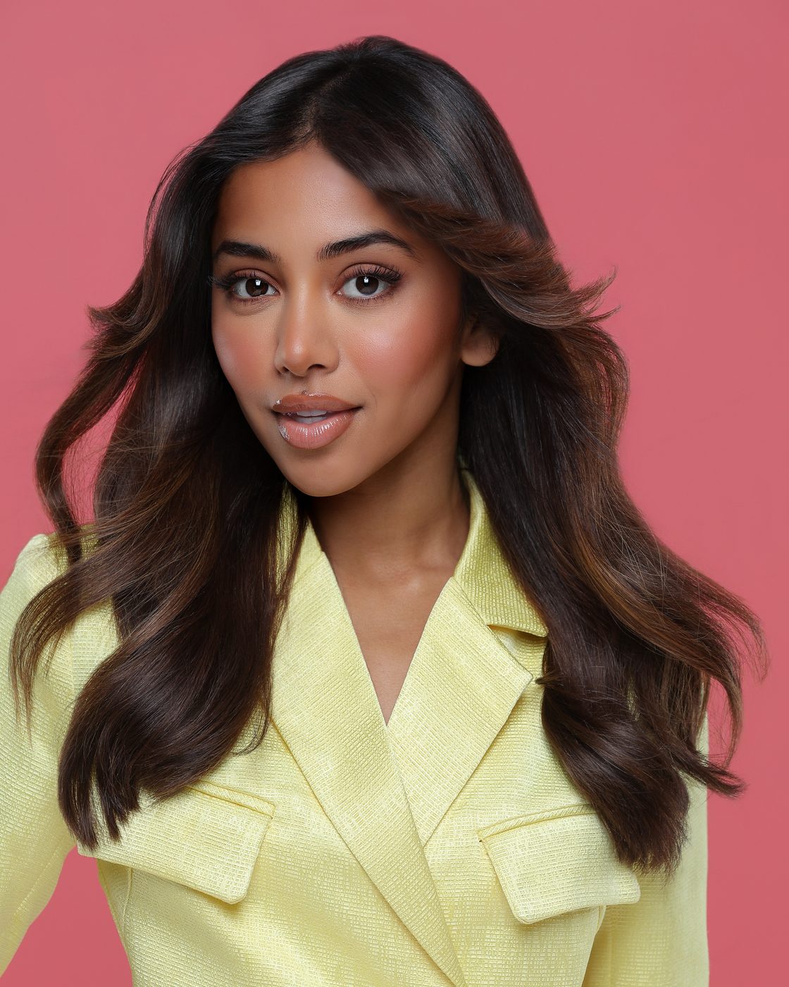 Editorial portrait in a yellow jacket on a pink background